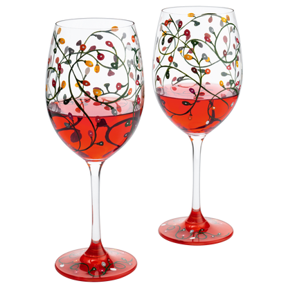 Stemmed Christmas Lights Wine Glasses Set of 2 - Hand Painted Wine Glass Ornament Light Bulbs Glasses, Perfect for Wine, Champagne, Holiday Parties and Festivities - 9.5" High, 21 oz Capacity by The Wine Savant