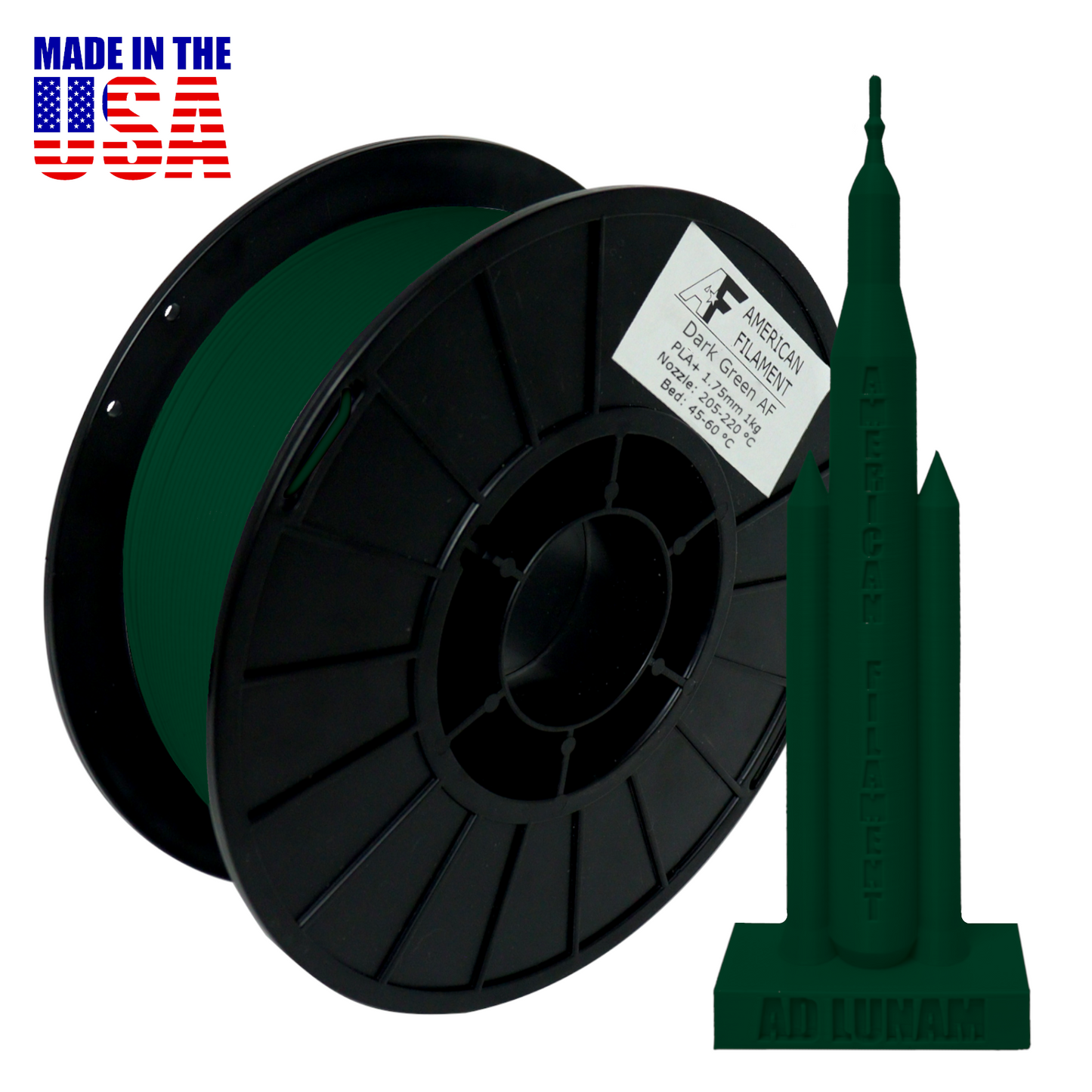 Dark Green AF 1.75mm PLA+ Filament Made in the USA!