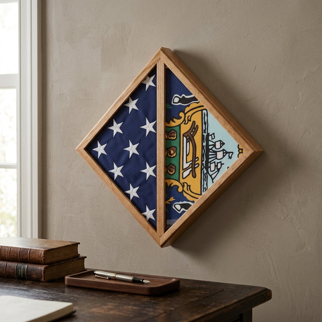 Flag Connections 2 Flags display case - Wall Mounted Walnut box