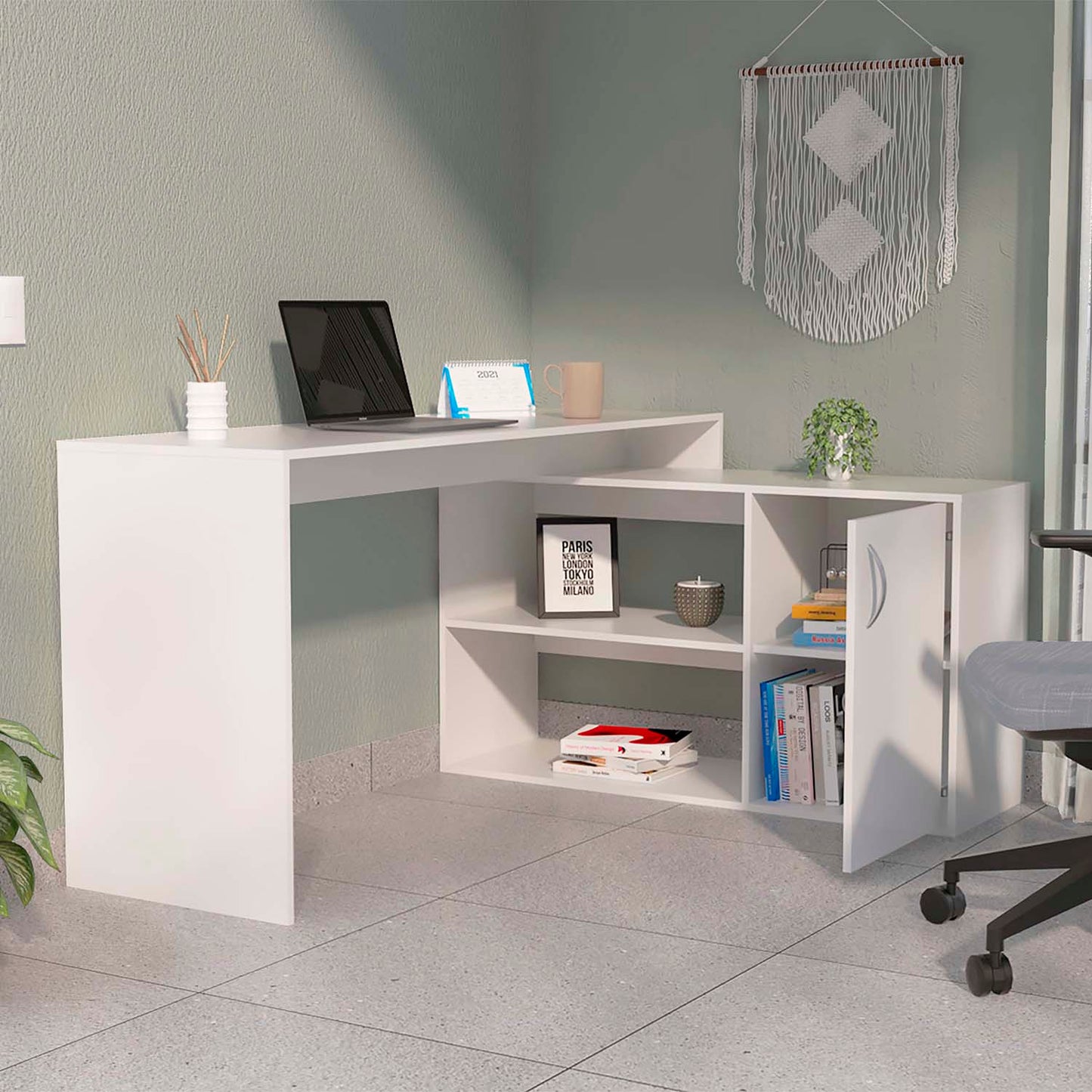 Dallas L-Shaped Home Office Desk, Two Shelves, One Drawer by FM FURNITURE