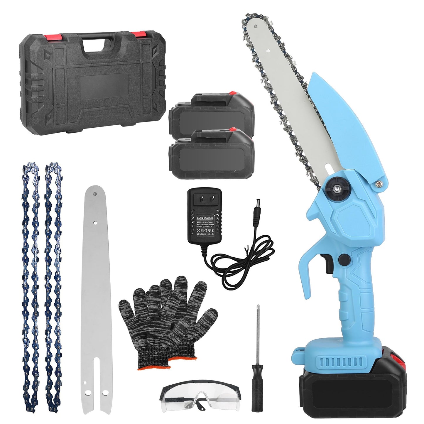 Electric Mini Chainsaw, Cordless, 2 Batteries, 8in Chain, Gloves, Goggles
