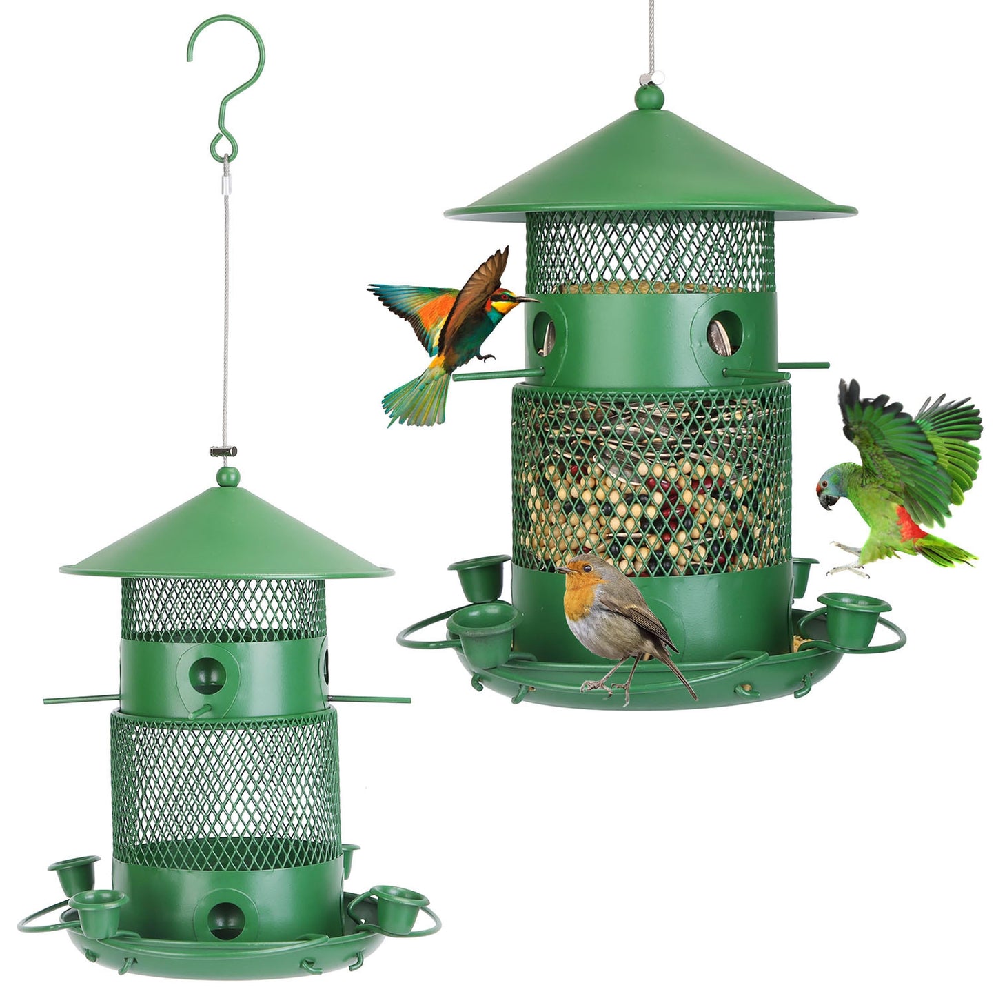 Wild Bird Feeder Squirrel-Proof Chew-Proof Metal Bird Seed Feeder Outdoor Hanging Bird Feeder With 360� Circular Perches Water Cups For Yard Garden Pa