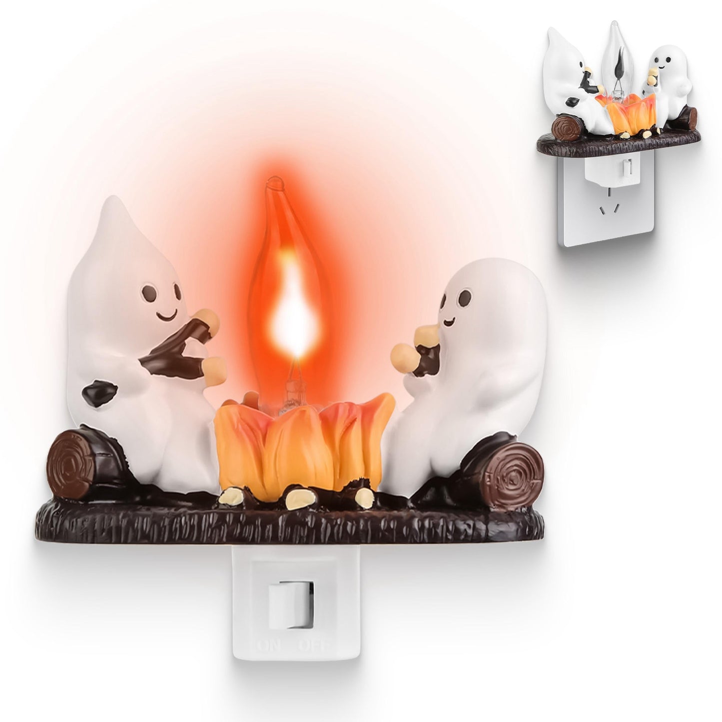 2Pcs Ghost Campfire Flickering Flame Night Light, 3D Halloween Nightlight for Bedroom