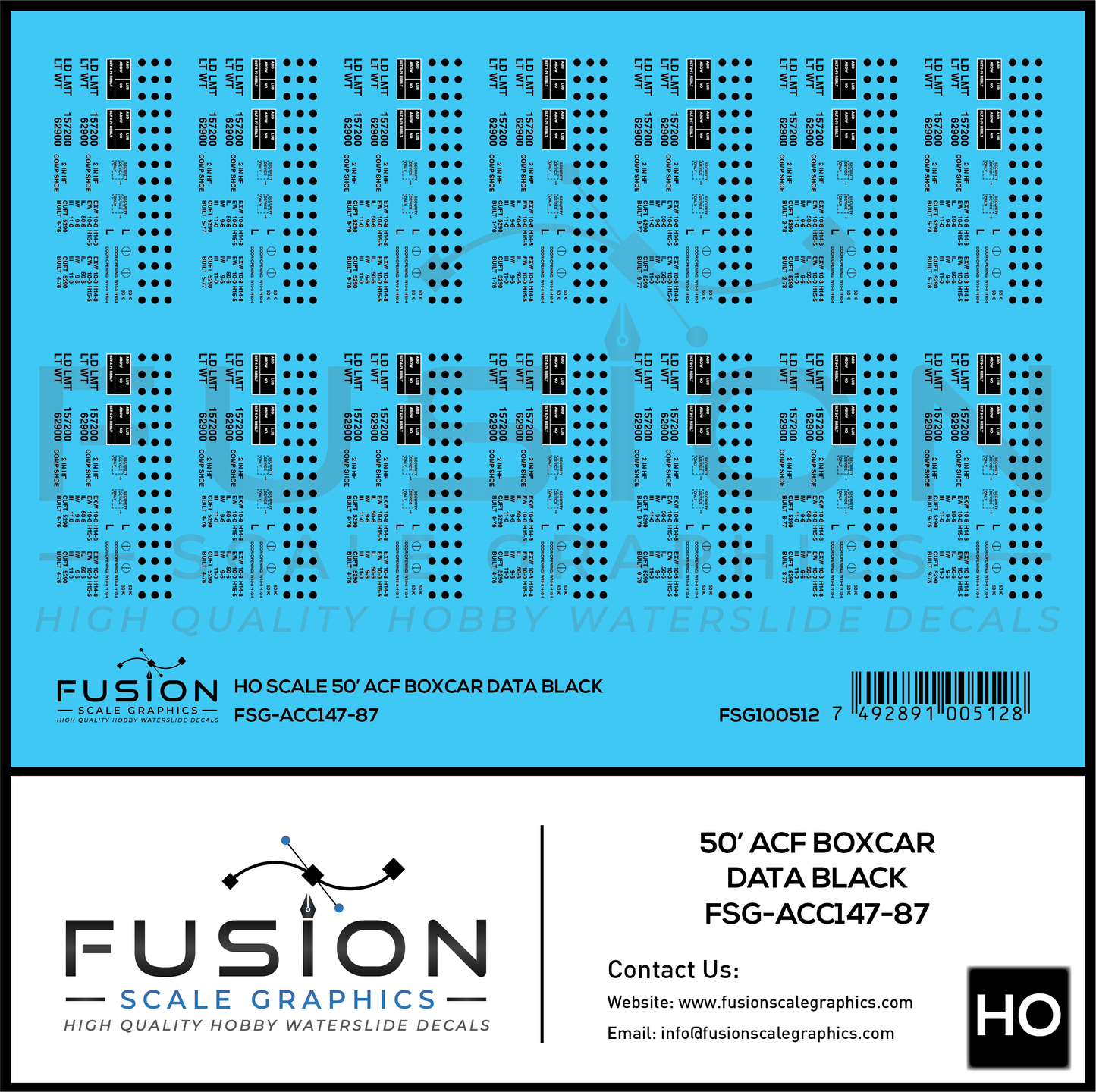HO Scale 50' ACF Boxcar Data Sheet Black Decal Set
