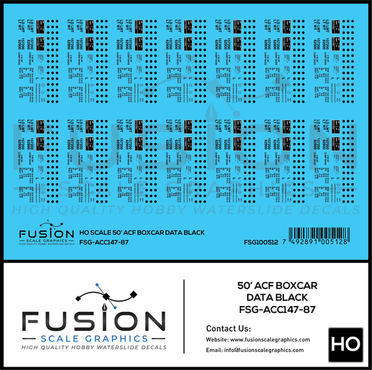 HO Scale 50' ACF Boxcar Data Sheet Black Decal Set