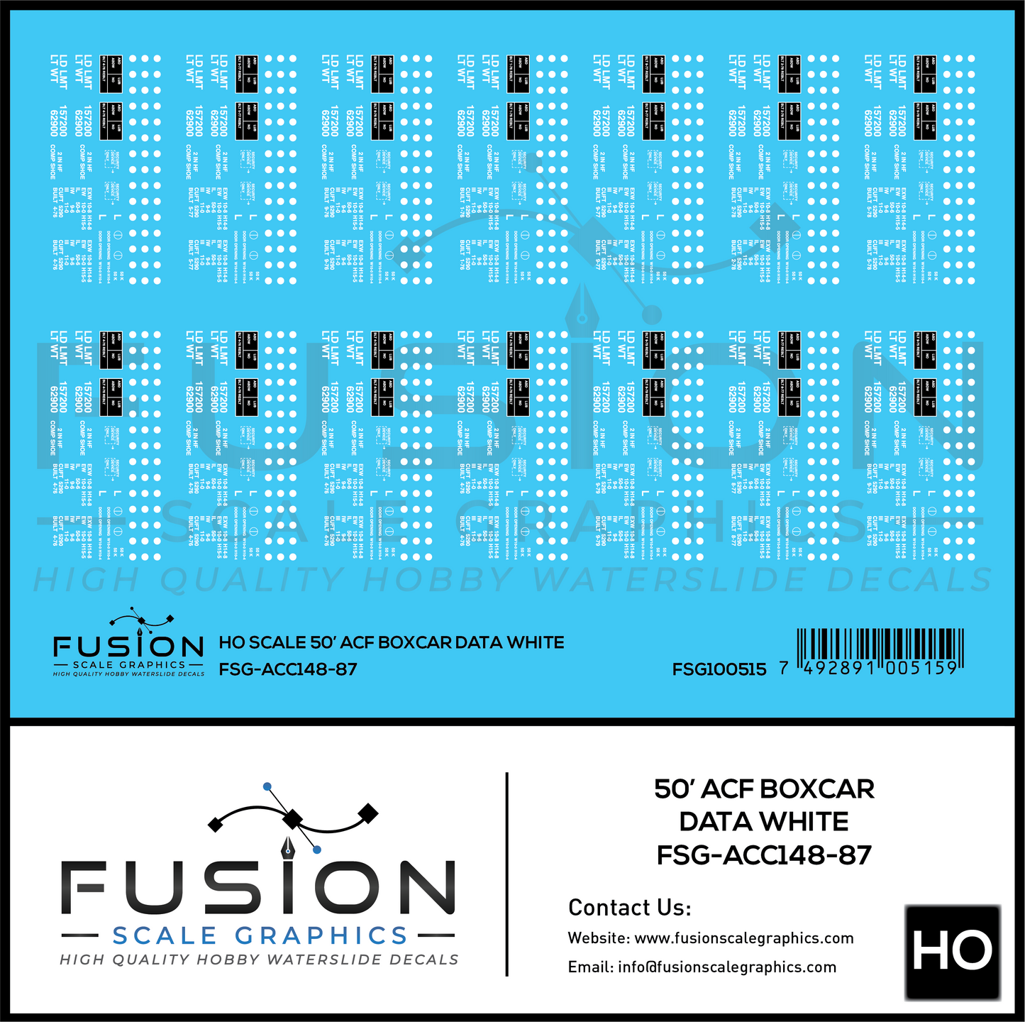 HO Scale 50' ACF Boxcar Data Sheet White Decal Set