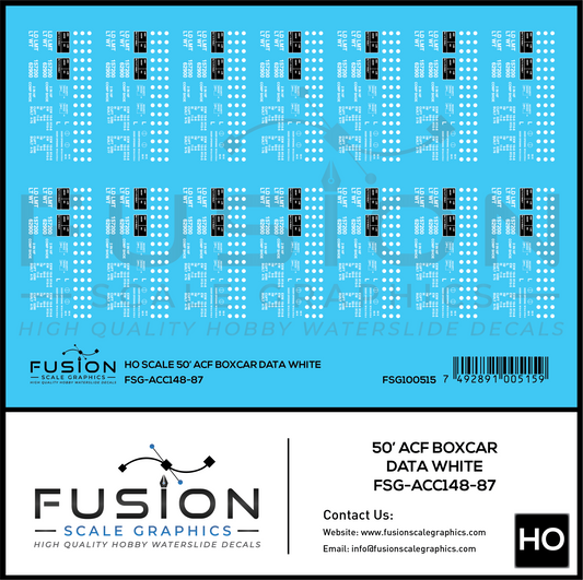 HO Scale 50' ACF Boxcar Data Sheet White Decal Set