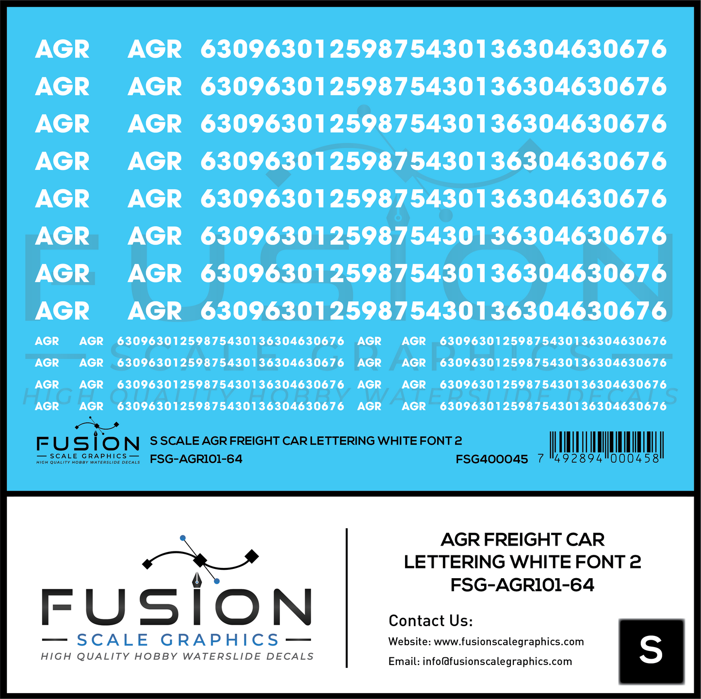 S Scale AGR Freight Car Lettering White Font 2 Decal Set