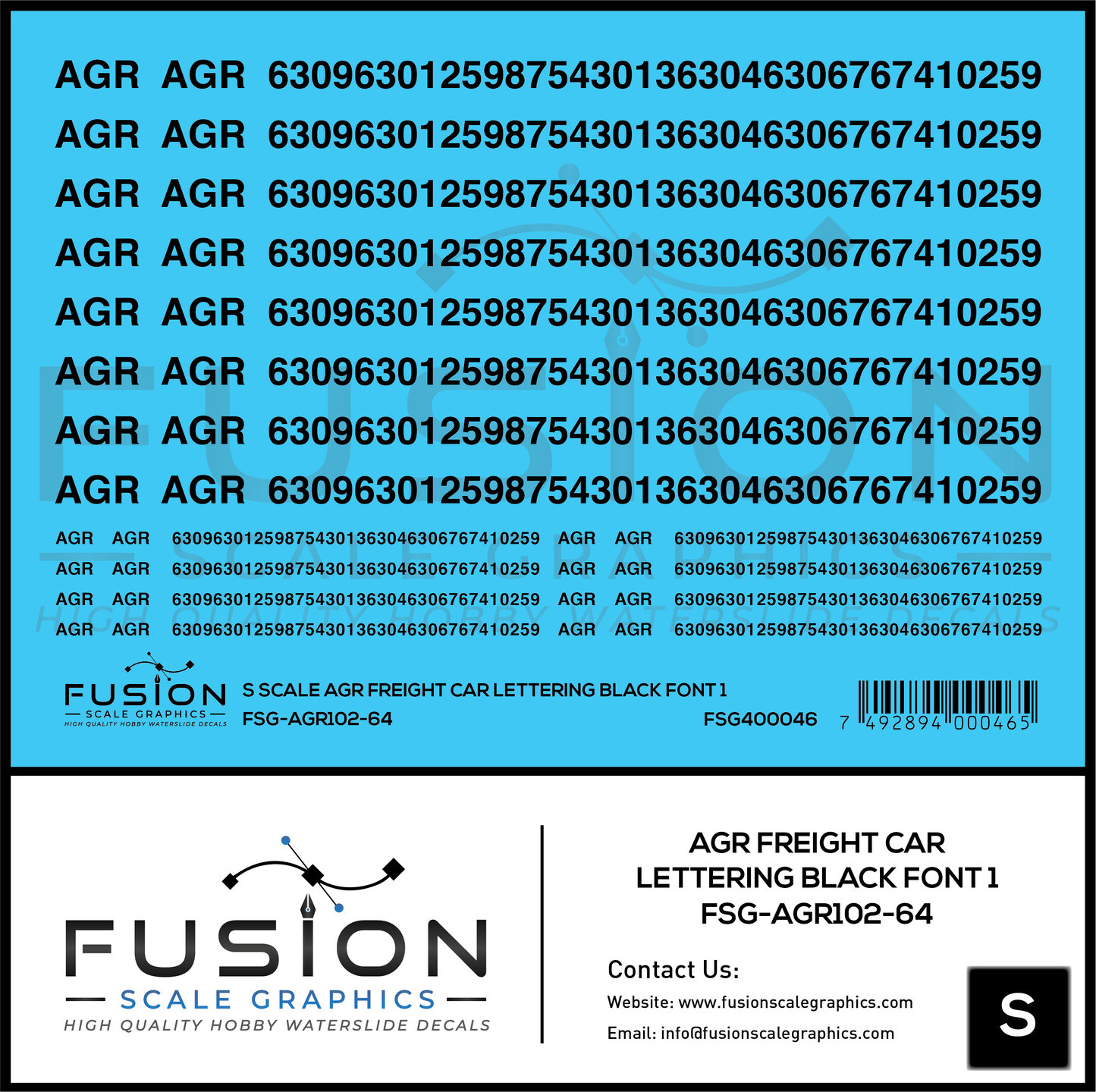 S Scale AGR Freight Car Lettering Black Font 1 Decal Set