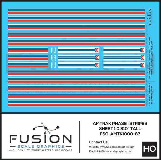 HO Scale Amtrak Phase I Stripes Sheet 1 0.310" Tall Decal Set