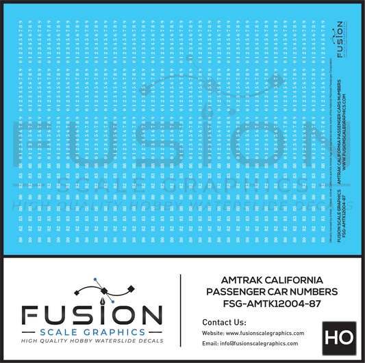 HO Scale Amtrak California Passenger Car Numbers Decal Set