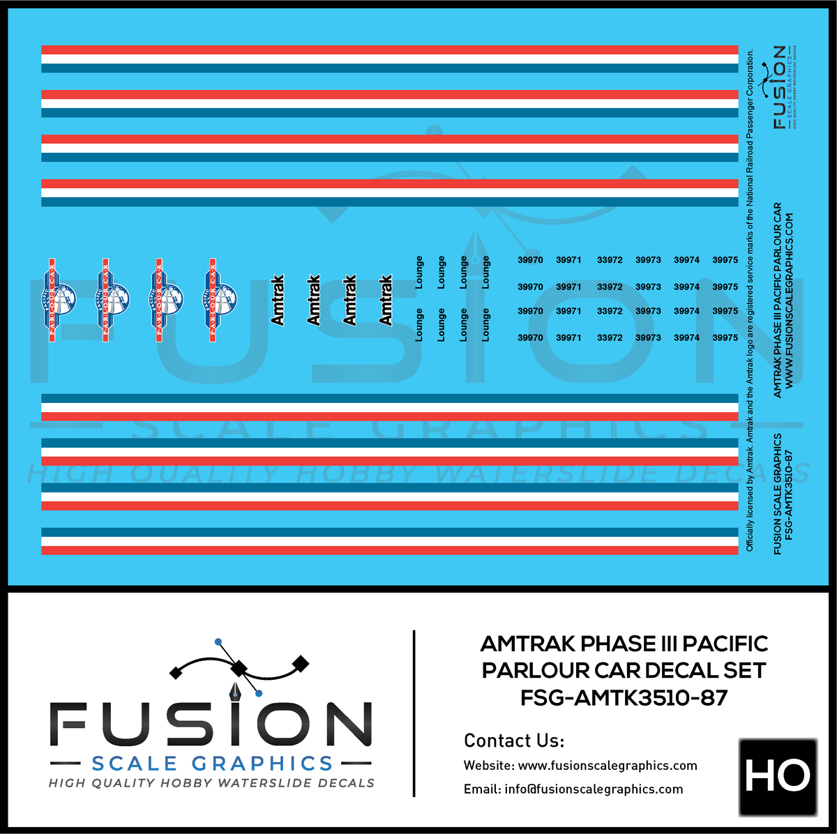 HO Scale Amtrak Phase III Pacific Parlour Car Decal Set