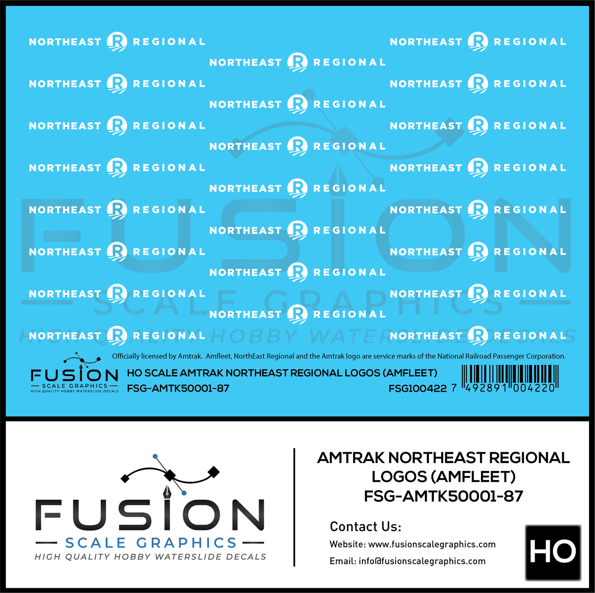 HO Scale Amtrak Northeast Regional Amfleet Logos Decal Set