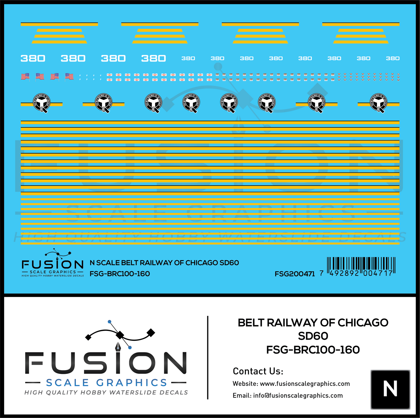 N Scale Belt Railway of Chicago SD60 380 Locomotive Decal Set