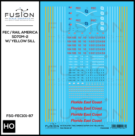 HO Scale Florida East Coast RA SD70M-2 Locomotives W/ Yellow Sill