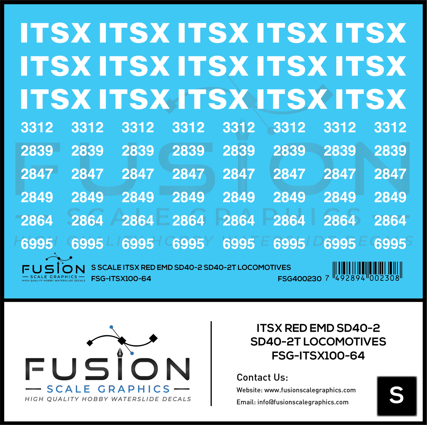 S Scale ITSX Red EMD SD40-2 / SD40-2T Locomotives Decal Set