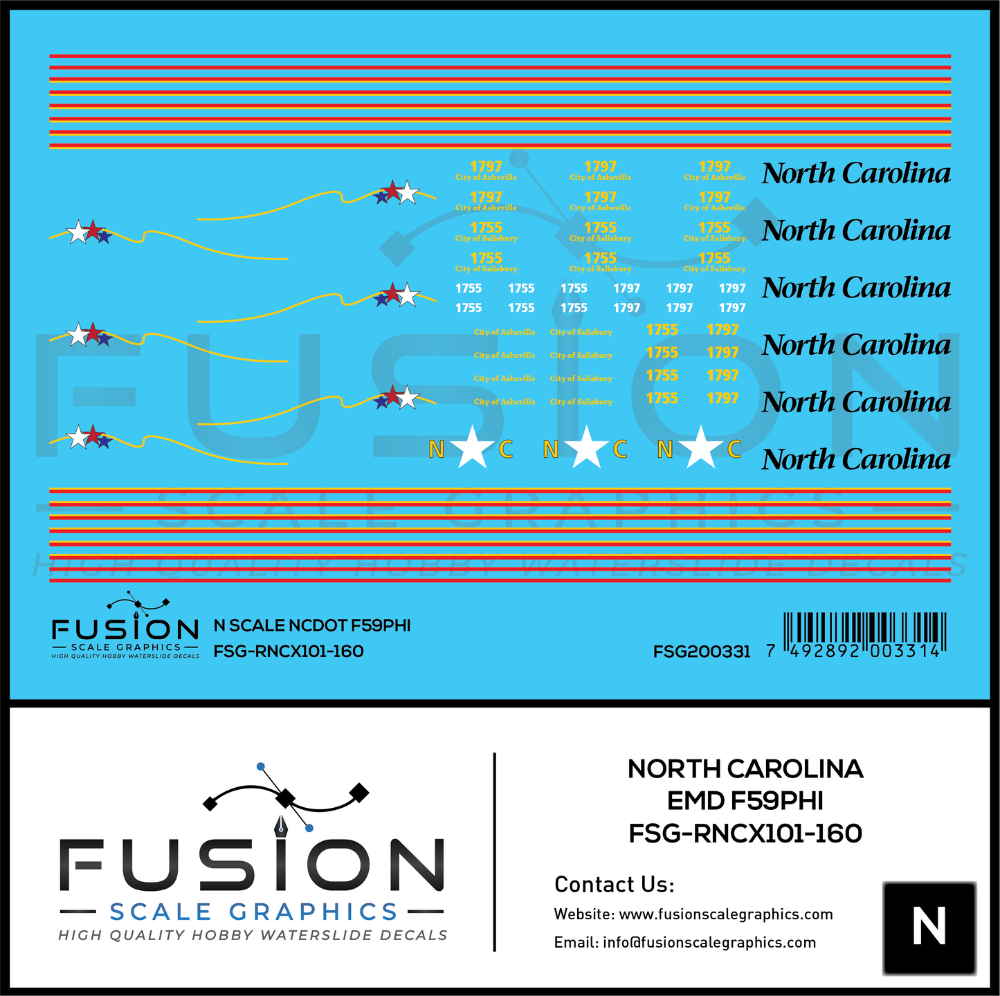 N Scale North Carolina DOT EMD F59PHI Locomotive Decal Set