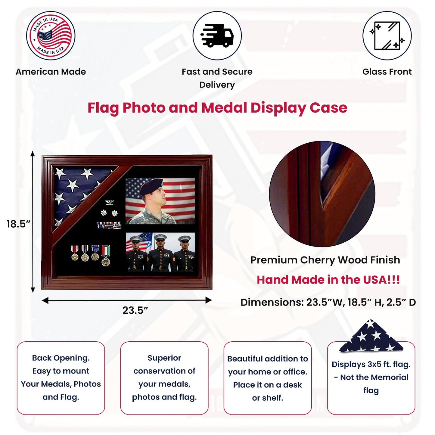 Military Award Shadow Box with Display Case for 3 x 5ft Flag - Felt in Black