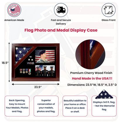 Military Award Shadow Box with Display Case for 3 x 5ft Flag - Felt in Black