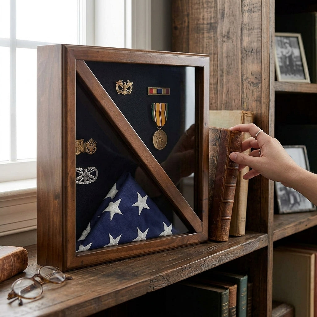 Flag Display Box, Tempered Glass & Pine Wood Construction – Cherry or Black Finish