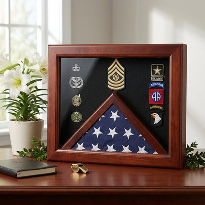 Military Flag medal display case, Mahogany wood for 3x5 flag with Dimensions 19H x 24W x3D