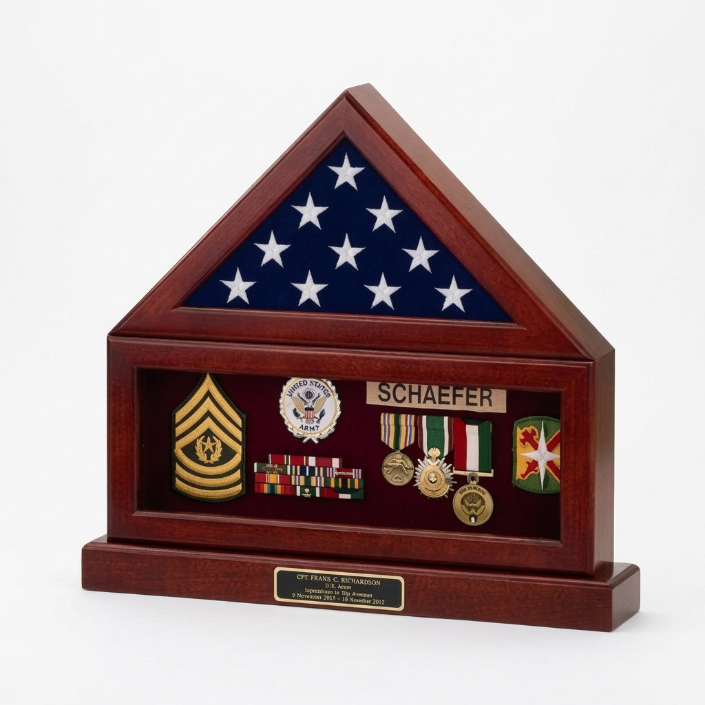 Combination Flag Display Case Shadow Box, Flag medal pedestal - Medallions in Solid Brass