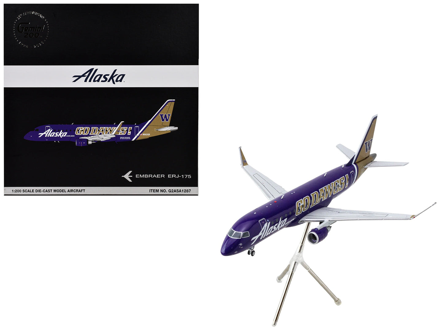 Embraer ERJ-175 Commercial Aircraft "Alaska Airlines/Horizon - University of Washington Huskies" (N662QX) Purple with Gold Tail "Gemini 200" Series 1/200 Diecast Model Airplane by GeminiJetsG2ASA1287  free shipping USA