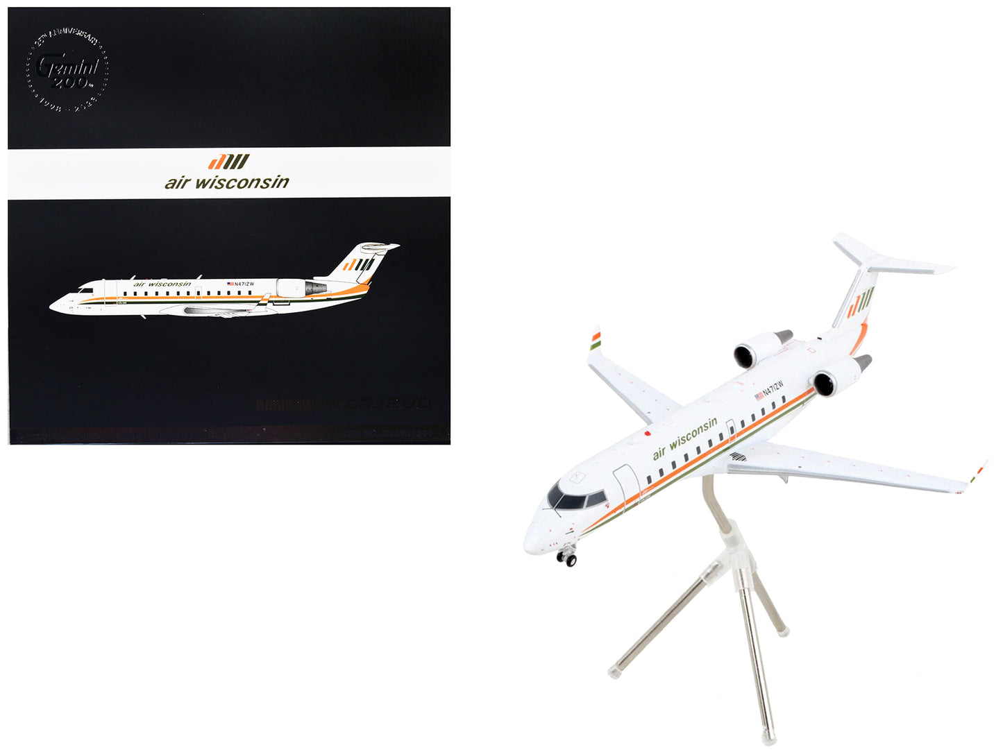 Bombardier CRJ200 Commercial Aircraft "Air Wisconsin" White with Orange and Green Stripes "Gemini 200" Series 1/200 Diecast Model Airplane by GeminiJets  free shipping USA