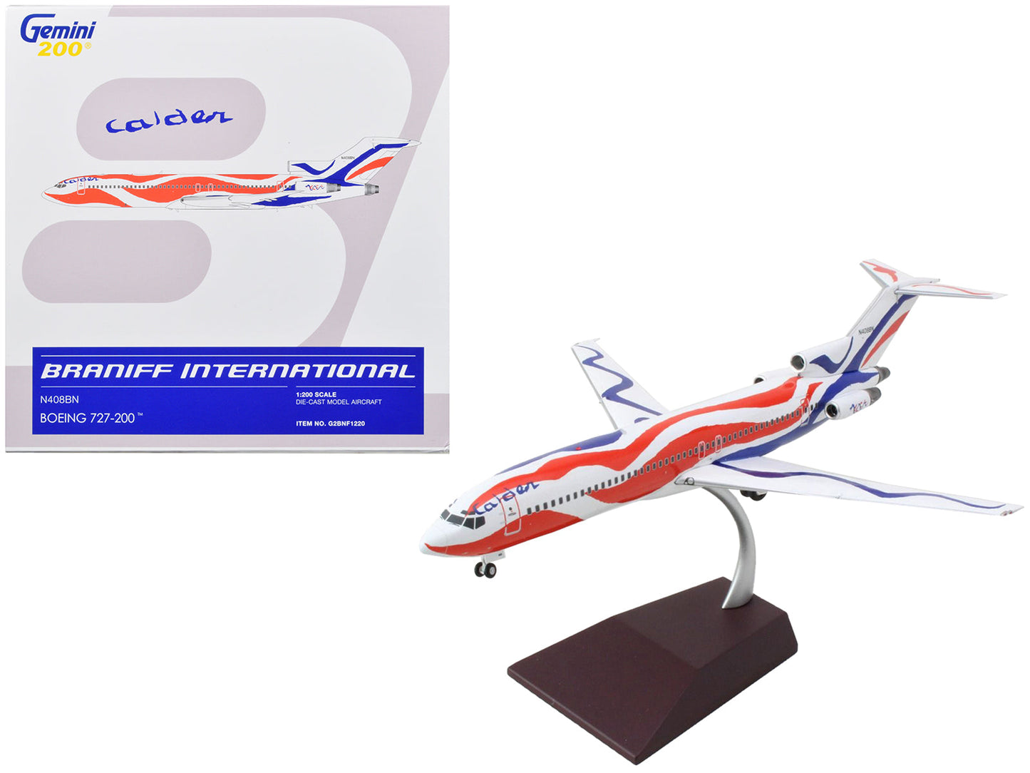 Boeing 727-200 Commercial Aircraft "Braniff International Airways - Calder Bicentennial Livery" White with Red and Blue Stripes "Gemini 200" Series 1/200 Diecast Model Airplane by GeminiJets  free shipping USA