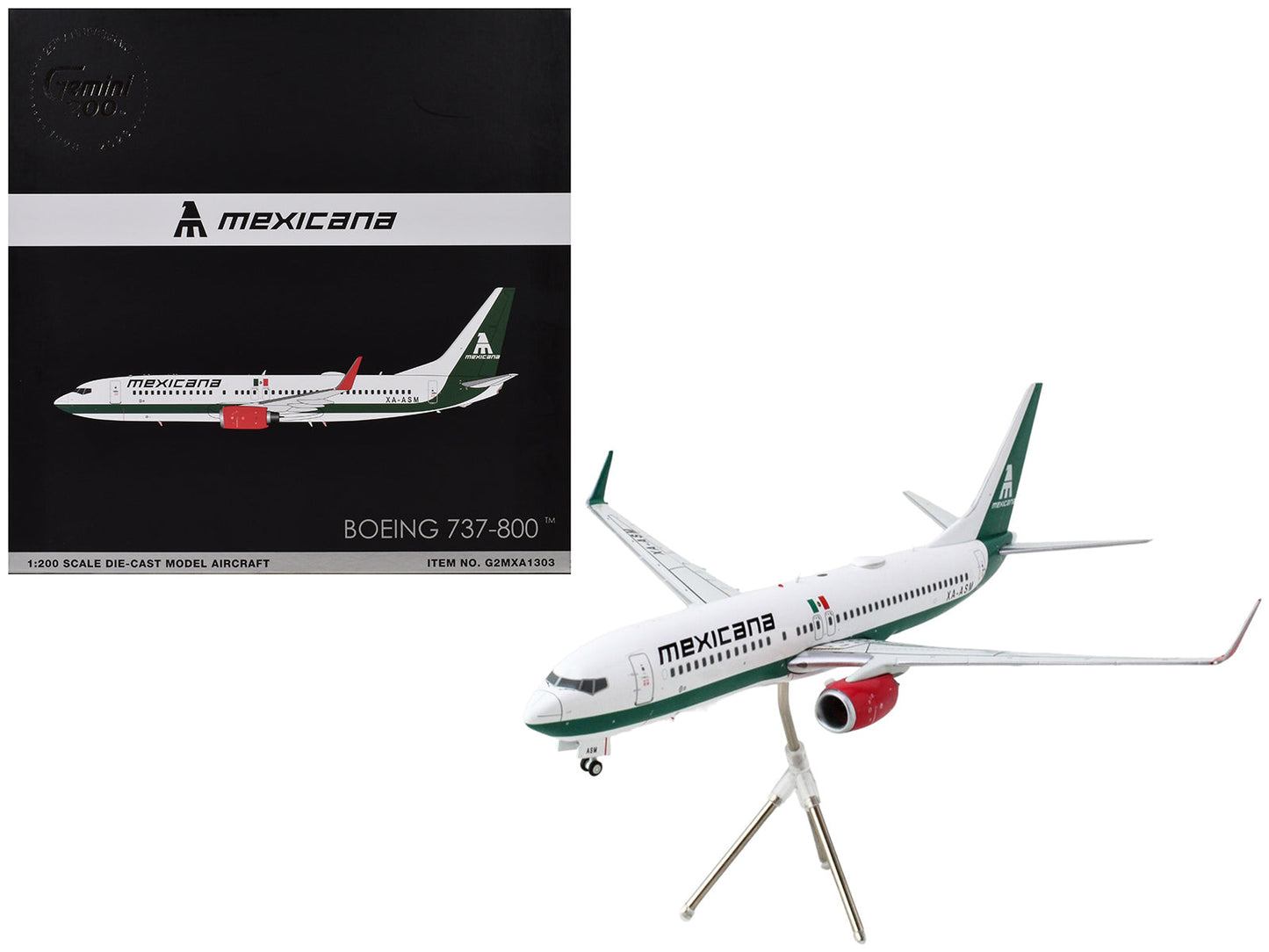 Boeing 737-800 Commercial Aircraft "Mexicana" (XA-ASM) White with Green Stripes "Gemini 200" Series 1/200 Diecast Model Airplane by GeminiJets  free shipping USA