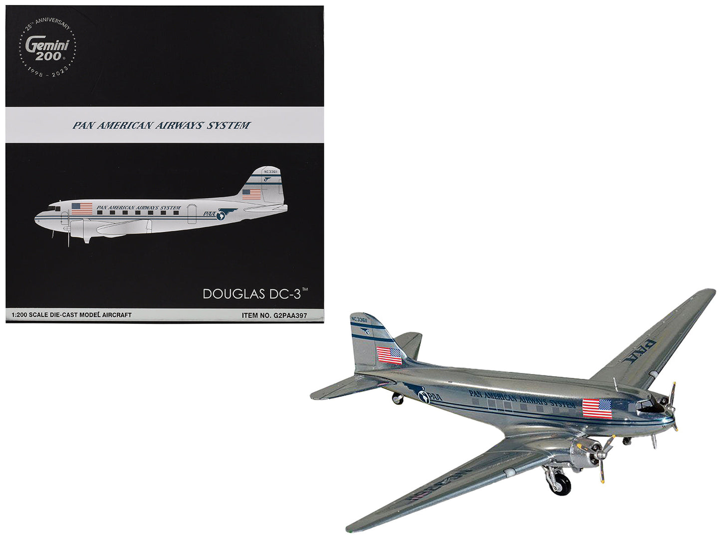 Douglas DC-3 Commercial Aircraft "Pan American Airways" (NC33611) Polished Metal Finish "Gemini 200" Series 1/200 Diecast Model Airplane by GeminiJets  free shipping USA