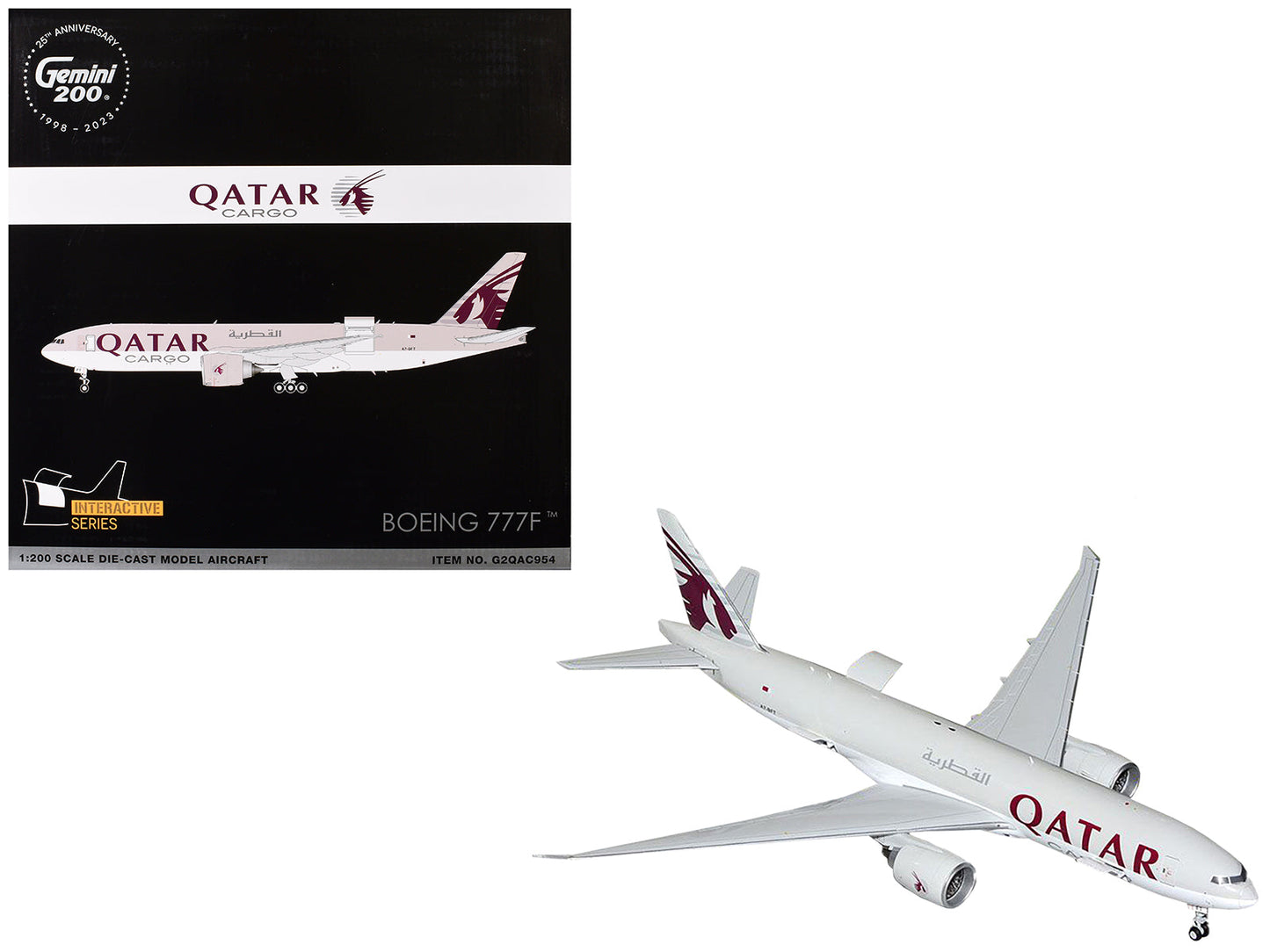 Boeing 777F Commercial Aircraft "Qatar Cargo" (A7-BFT) Gray with Tail Graphics "Gemini 200 - Interactive" Series 1/200 Diecast Model Airplane by GeminiJets  free shipping USA