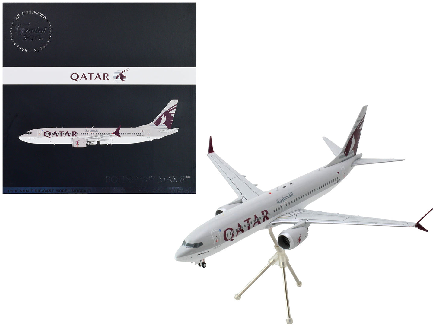 Boeing 737 MAX 8 Commercial Aircraft "Qatar Airways" Gray and White with Tail Graphics "Gemini 200" Series 1/200 Diecast Model Airplane by GeminiJets  free shipping USA