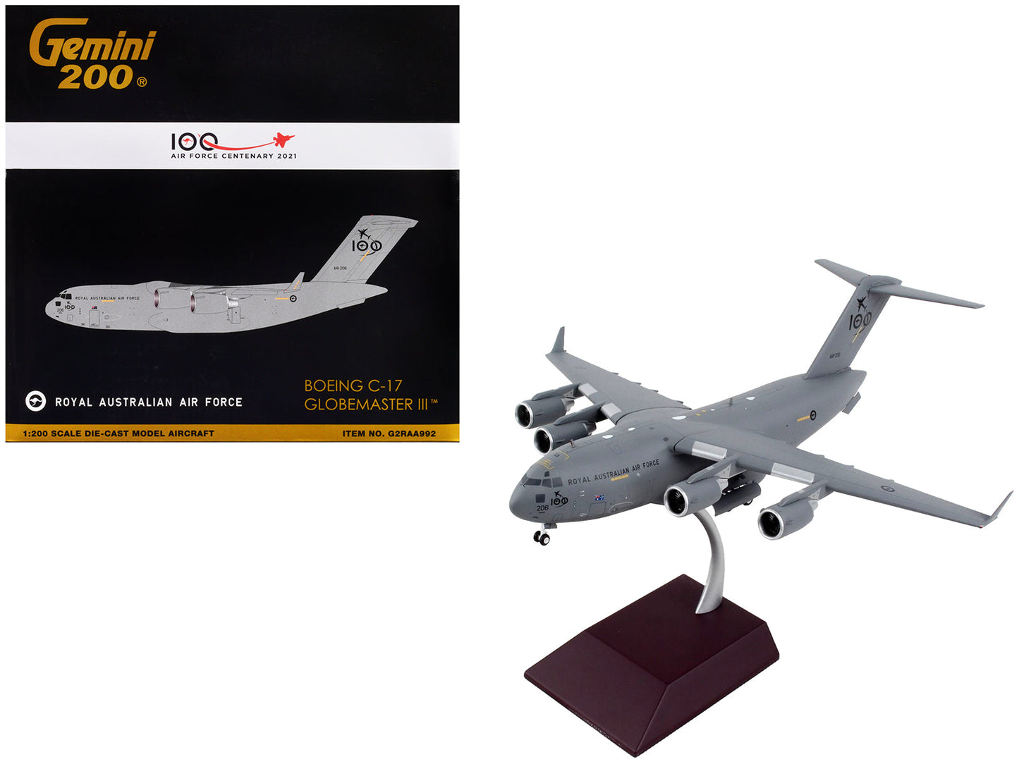 Boeing C-17 Globemaster III Transport Aircraft "Royal Australian Air Force - 100th Anniversary" Gray "Gemini 200" Series 1/200 Diecast Model Airplane by GeminiJets  free shipping USA