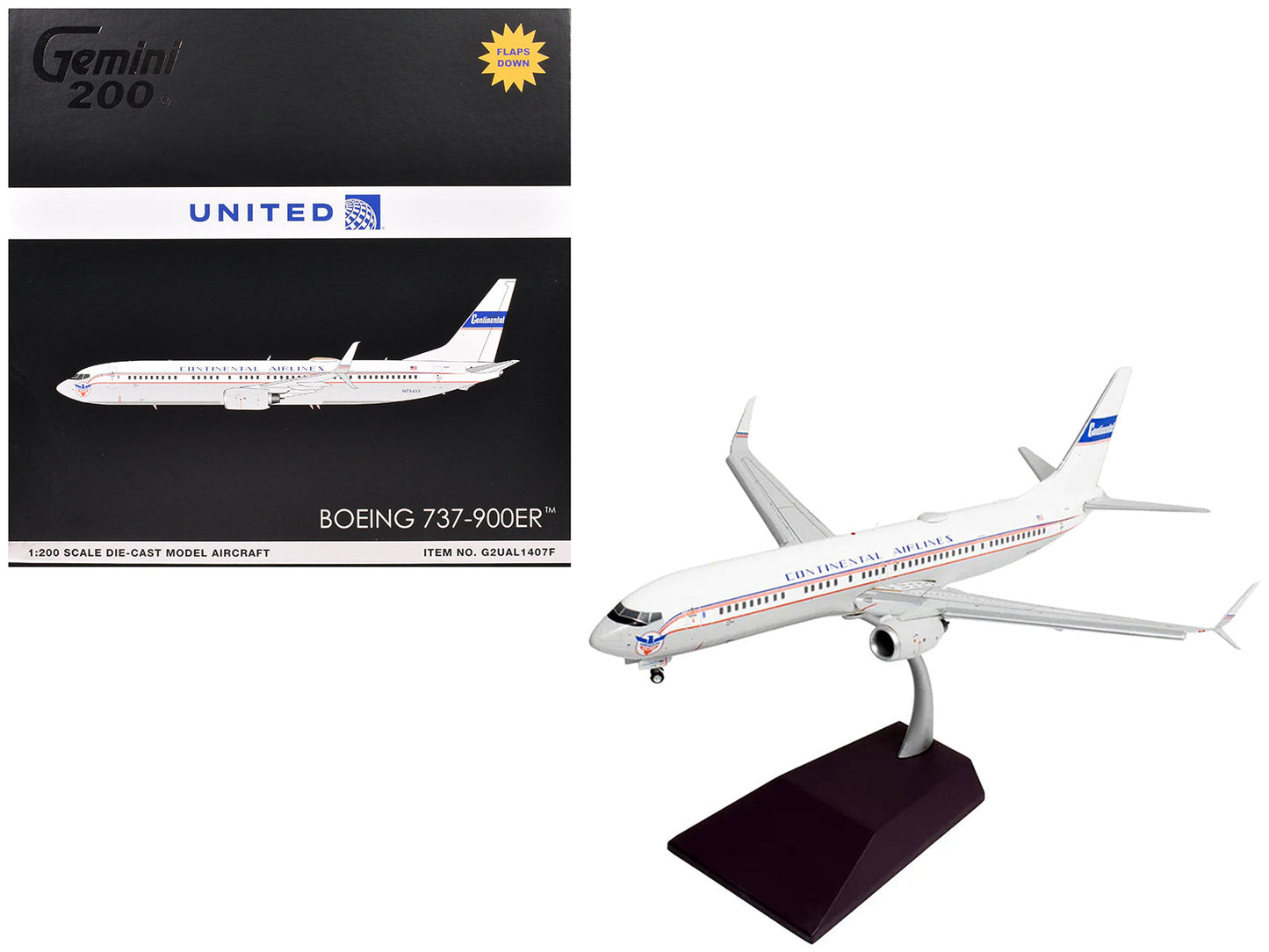 Boeing 737-900ER Commercial Aircraft with Flaps Down "Continental Airlines - United Airlines" (N75435) White with Red and Blue Stripes "Gemini 200" Series 1/200 Diecast Model Airplane by GeminiJets  free shipping USA