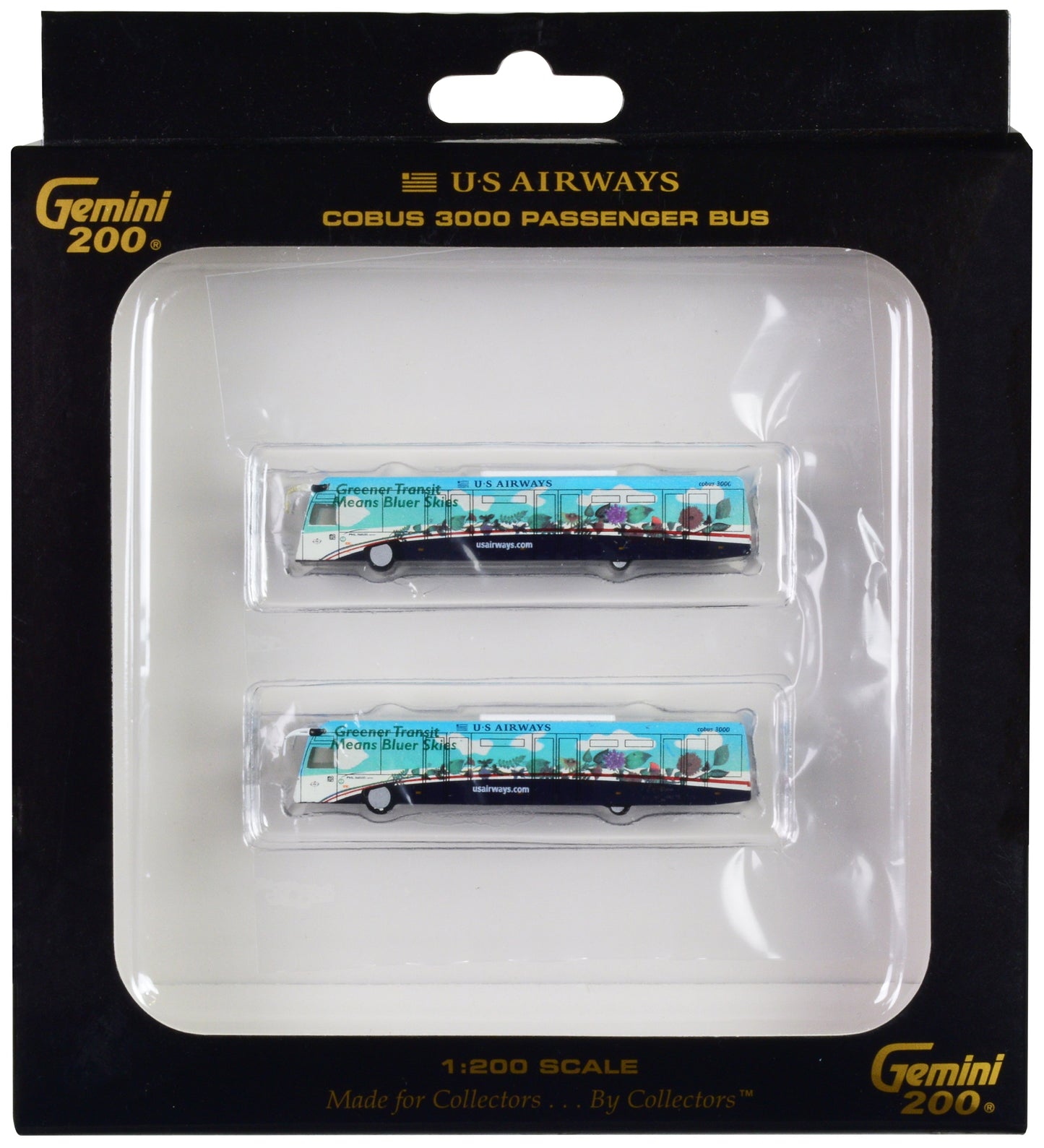 Cobus 3000 Passenger Bus White and Blue with Graphics "US Airways Shuttle Bus - Greener Transit" 2 Piece Set "Gemini 200" Series Diecast Models by GeminiJets  free shipping USA