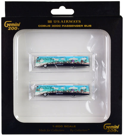 Cobus 3000 Passenger Bus White and Blue with Graphics "US Airways Shuttle Bus - Greener Transit" 2 Piece Set "Gemini 200" Series Diecast Models by GeminiJets  free shipping USA