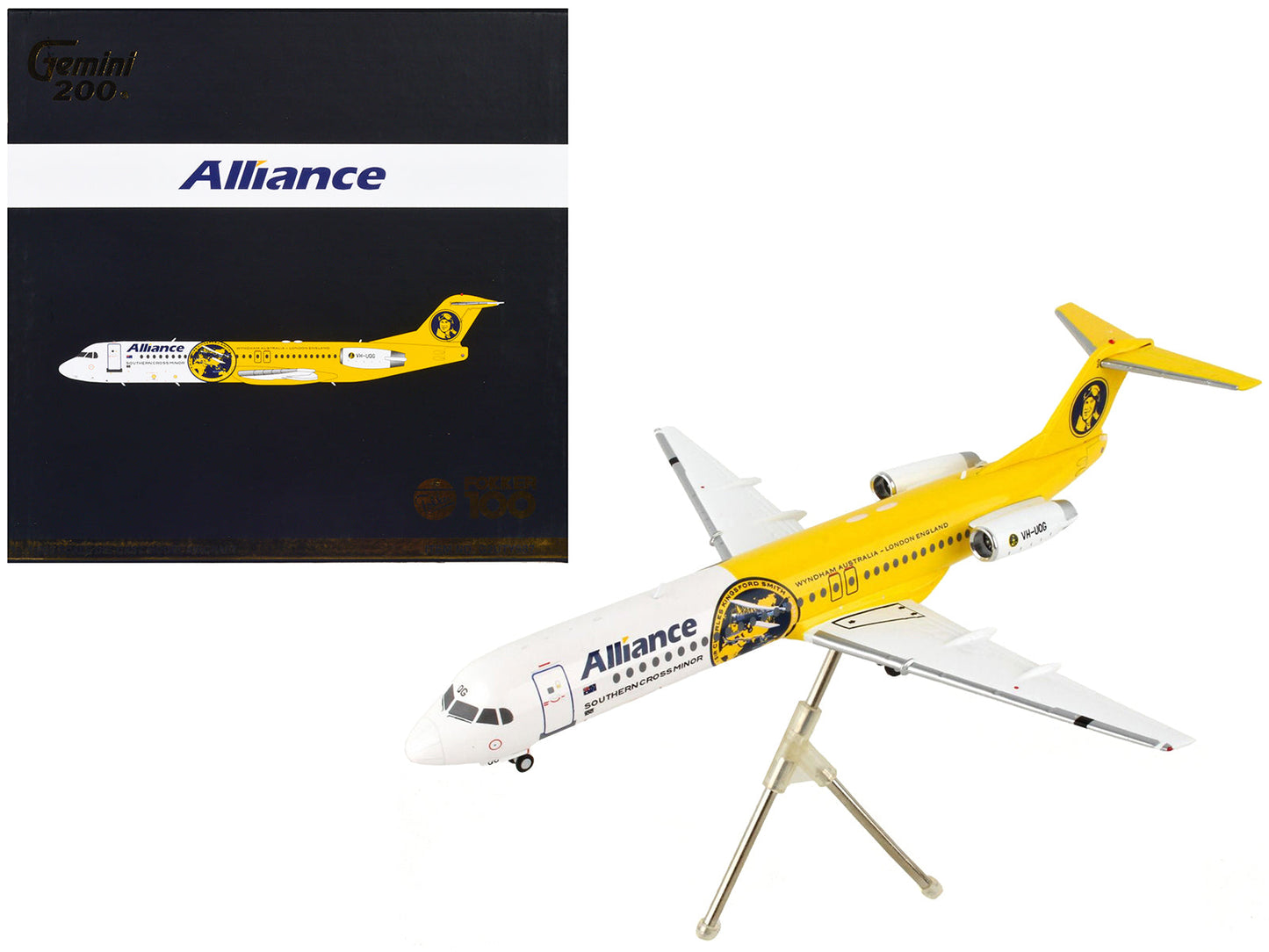 Fokker F100 Commercial Aircraft "Alliance Airlines" White and Yellow "Gemini 200" Series 1/200 Diecast Model Airplane by GeminiJets  free shipping USA