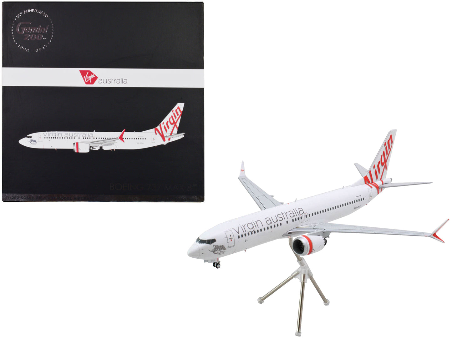 Boeing 737 MAX 8 Commercial Aircraft "Virgin Australia" (VH-8IA) White with Red Tail Graphics "Gemini 200" Series 1/200 Diecast Model Airplane by GeminiJets  free shipping USA