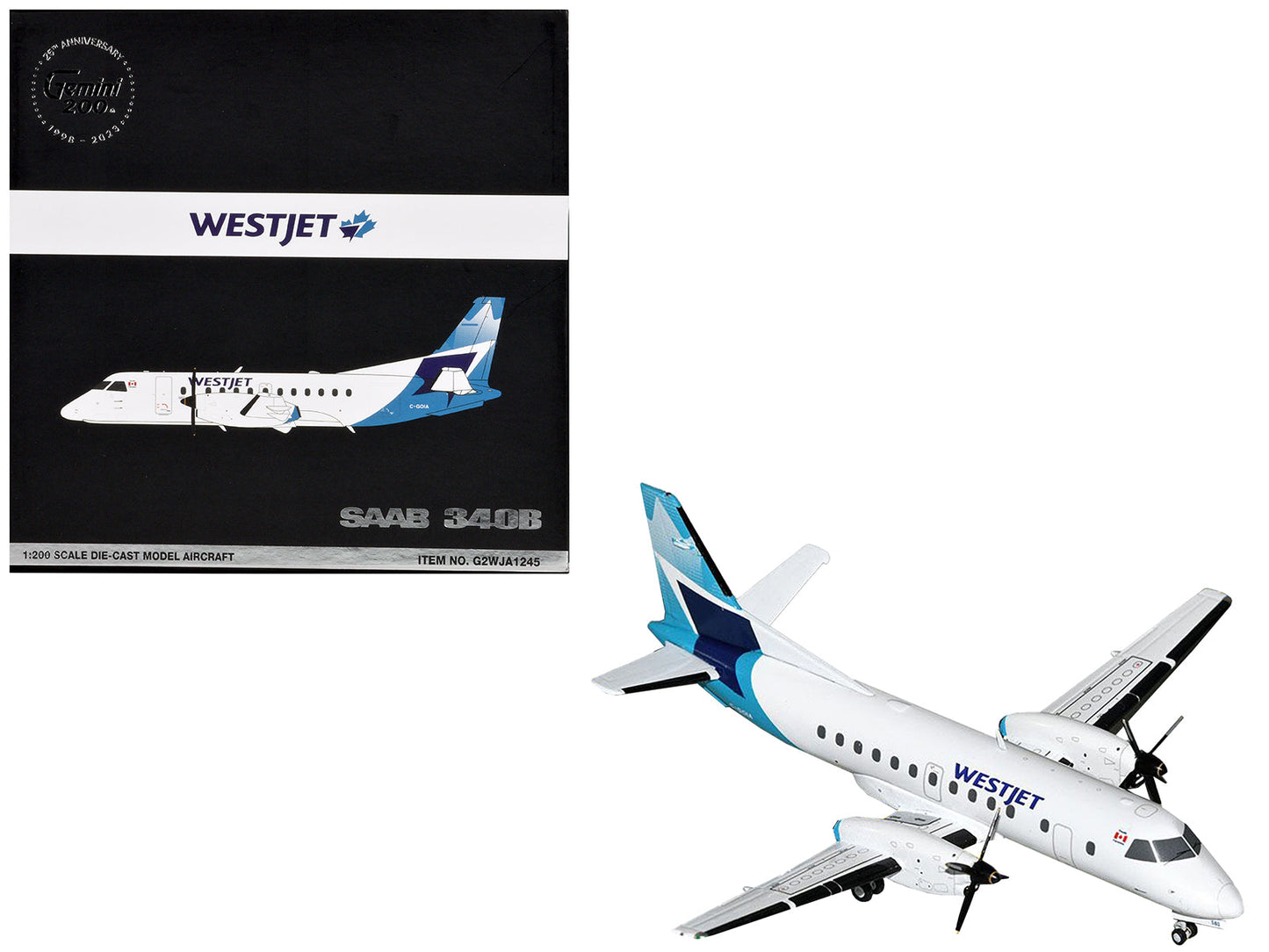 Saab 340B Commercial Aircraft "WestJet" (C-GOIA) White with Blue Stripes and Tail "Gemini 200" Series 1/200 Diecast Model Airplane by GeminiJets  free shipping USA