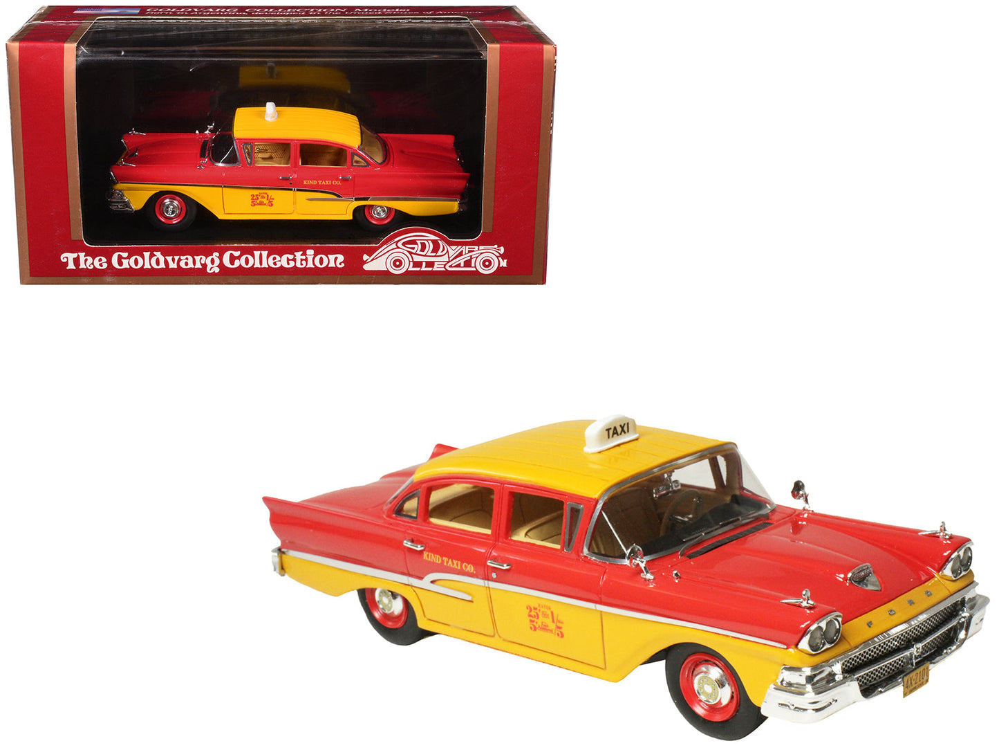 1958 Ford Custom 300 Taxi Cab "Kind Taxi Co." Red and Yellow with Yellow Interior Limited Edition to 200 pieces Worldwide 1/43 Model Car by Goldvarg Collection  free shipping USA