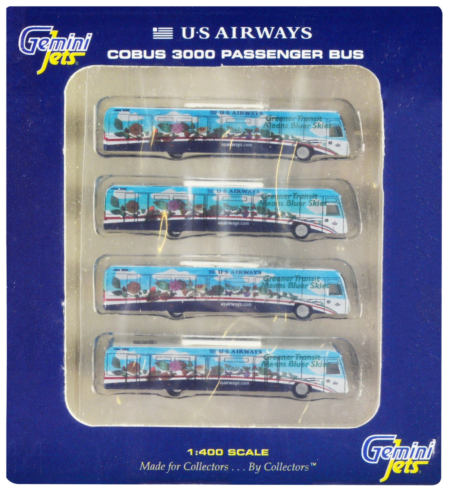 Cobus 3000 Passenger Bus White and Blue with Graphics "US Airways Shuttle Bus - Greener Transit" 4 Piece Set 1/400 Diecast Models by GeminiJets  free shipping USA