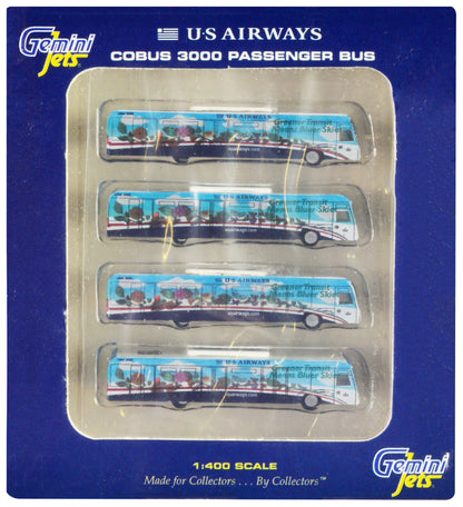 Cobus 3000 Passenger Bus White and Blue with Graphics "US Airways Shuttle Bus - Greener Transit" 4 Piece Set 1/400 Diecast Models by GeminiJets  free shipping USA