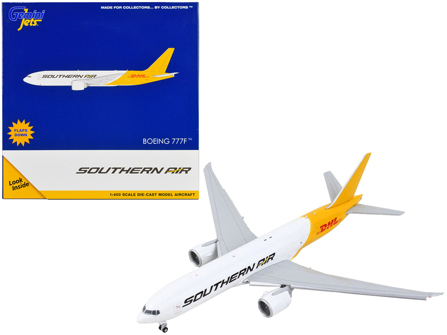 Boeing 777F Commercial Aircraft with Flaps Down "Southern Air - DHL" White and Yellow 1/400 Diecast Model Airplane by GeminiJets  free shipping USA
