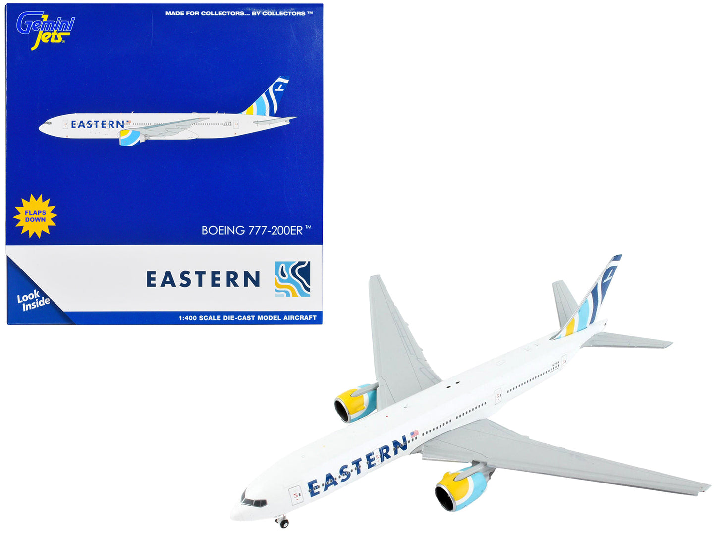 Boeing 777-200ER Commercial Aircraft with Flaps Down "Eastern Air Lines" White with Striped Tail 1/400 Diecast Model Airplane by GeminiJets  free shipping USA