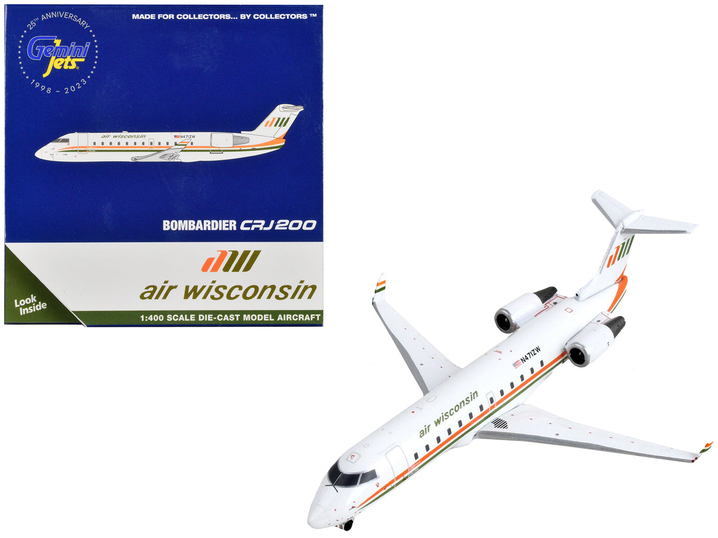 Bombardier CRJ200 Commercial Aircraft "Air Wisconsin" White with Orange and Green Stripes 1/400 Diecast Model Airplane by GeminiJets  free shipping USA