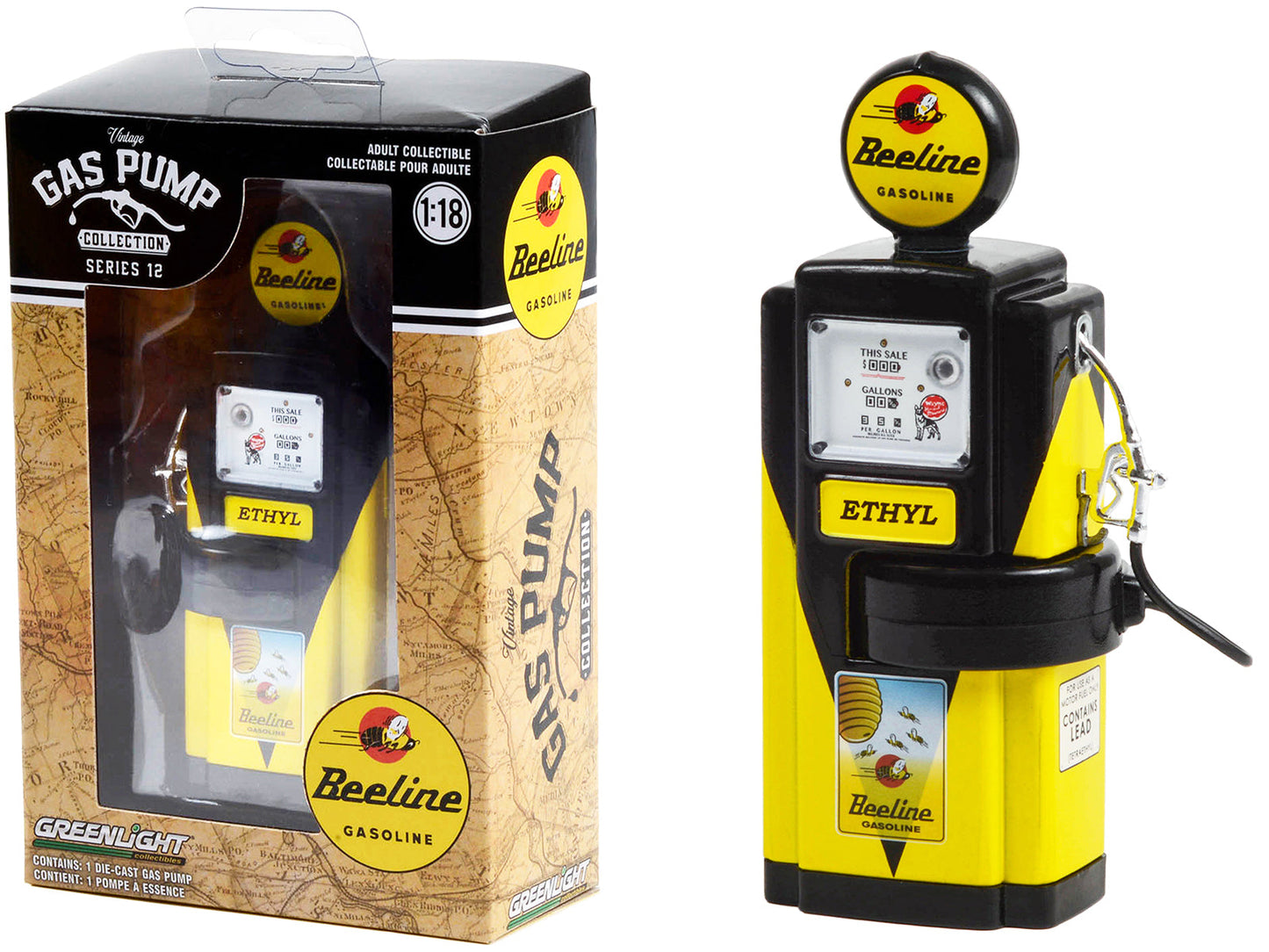 1948 Wayne 100-A Gas Pump "Beeline Gasoline" Yellow and Black "Vintage Gas Pumps" Series 12 1/18 Diecast Model by Greenlight  free shipping USA