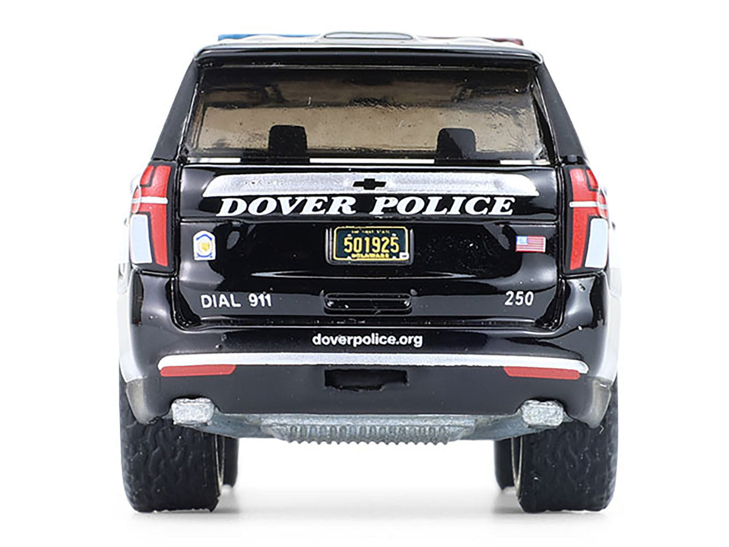 2024 Chevrolet Tahoe Police Pursuit Vehicle "Dover Police - 100th Anniversary Edition" Black with White Stripes "Hobby Exclusive" Series 1/64 Diecast Model Car by Greenlight