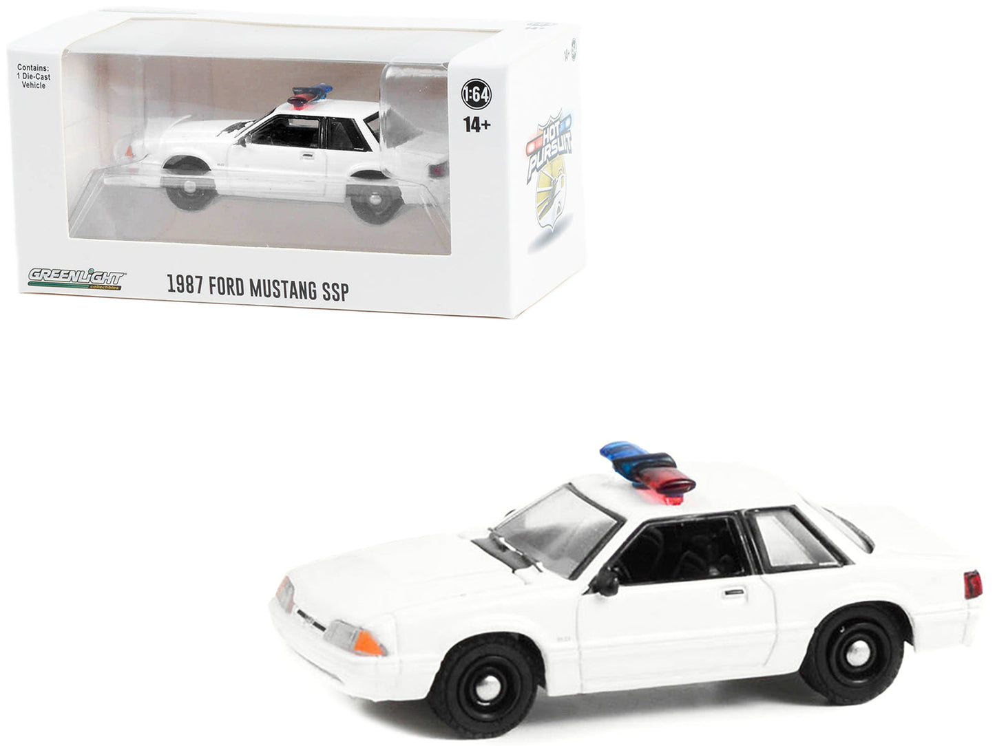 1987-1993 Ford Mustang SSP White Police Car with Light Bar "Hot Pursuit" "Hobby Exclusive" Series 1/64 Diecast Model Car by Greenlight  free shipping USA