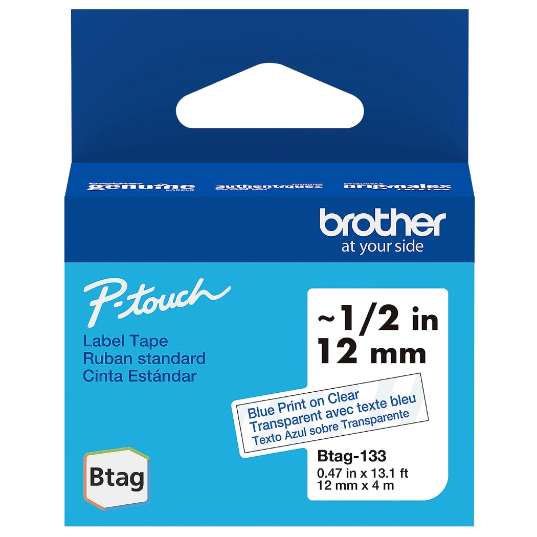 New, Pre-owned, Brother BTAG133 Label Tape for P-touch Label Makers - Blue on Clear - 12 mm W x 4 m L